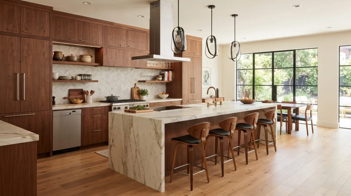 trending kitchen design with warm wood cabinets and waterfall island