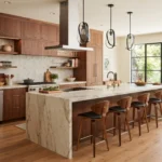 trending kitchen design with warm wood cabinets and waterfall island