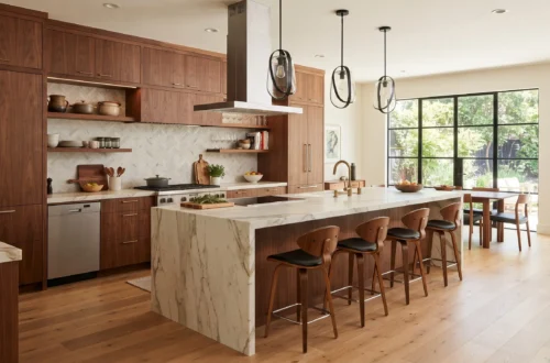 trending kitchen design with warm wood cabinets and waterfall island