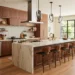 trending kitchen design with warm wood cabinets and waterfall island